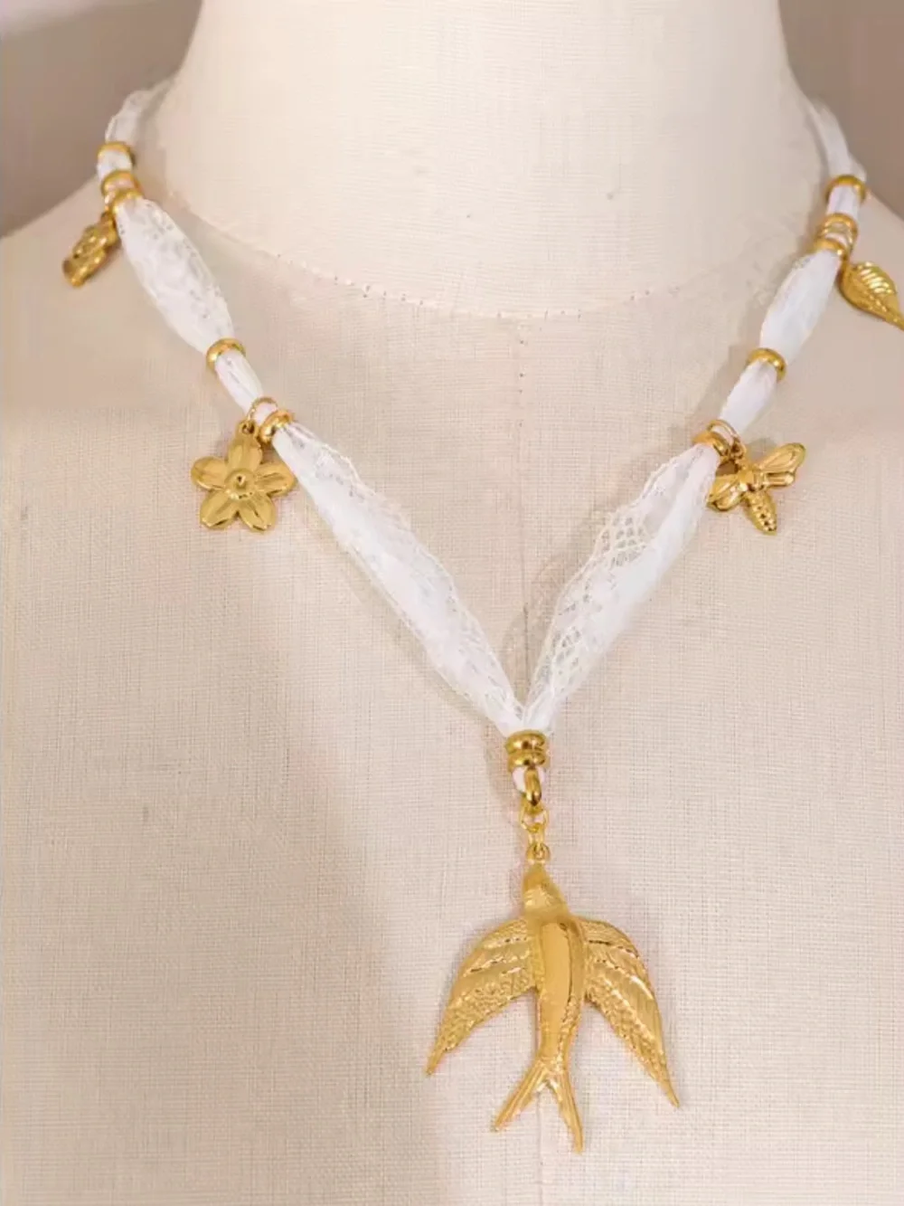Gold Bird Charm White Lace Necklace